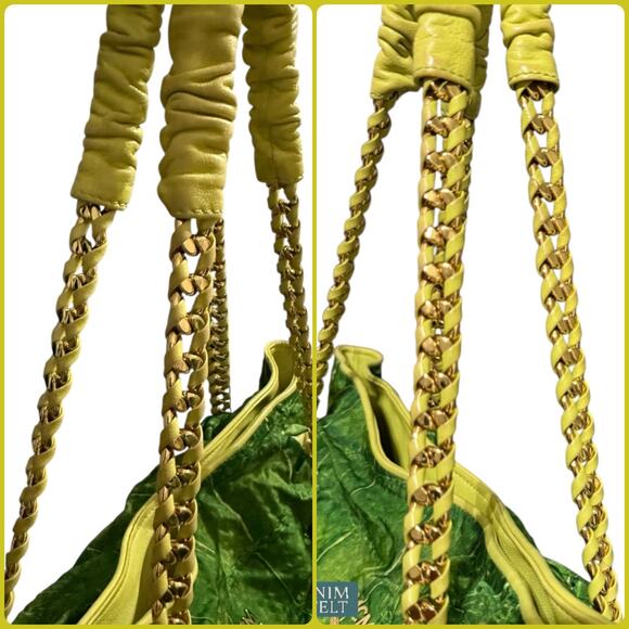 MCM Green Leather Shoulder Bag Gold Chain Handles Vintage Rare Purse Tote - Picture 14 of 16